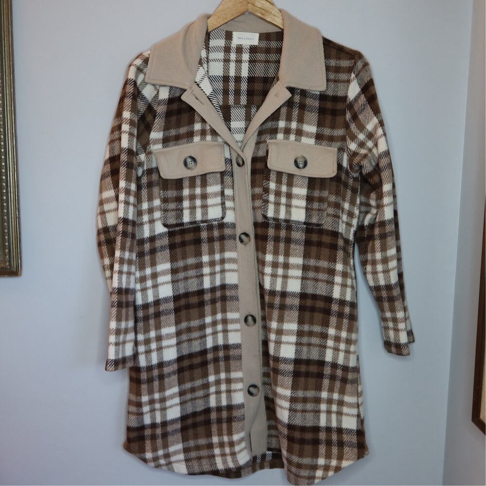 Mellóday Plaid Flannel Shacket Longline Button Front Coat Womens S